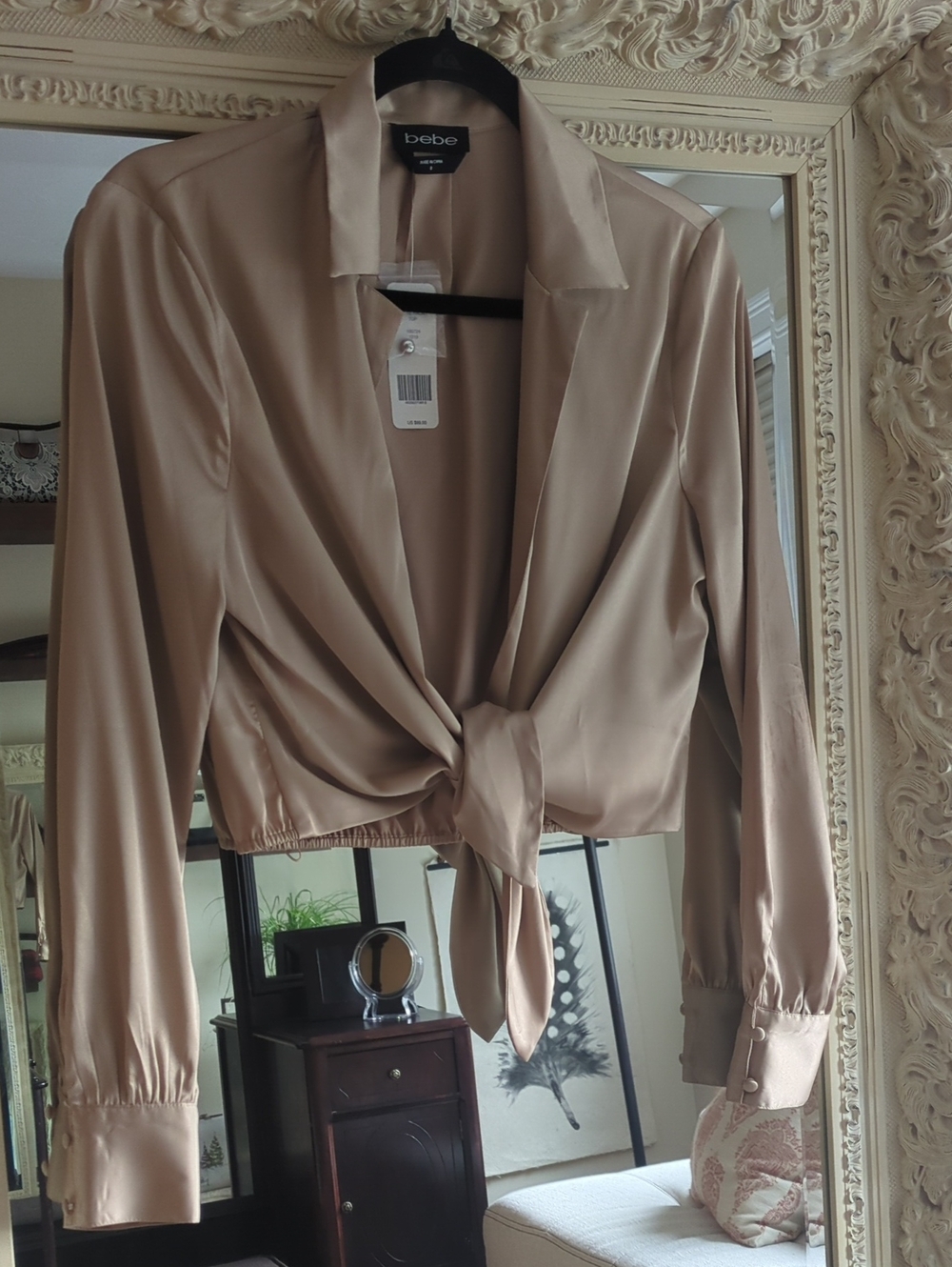 bebe Satin Taupe Tie-Front Crop Top